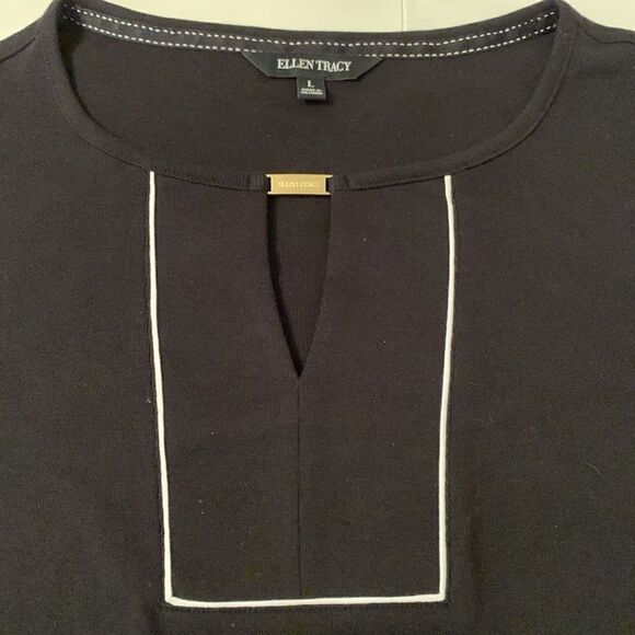 Ellen Tracy Black Cotton Knit 3/4 Sleeve Keyhole Neck Top Blouse Size L - Picture 7 of 9